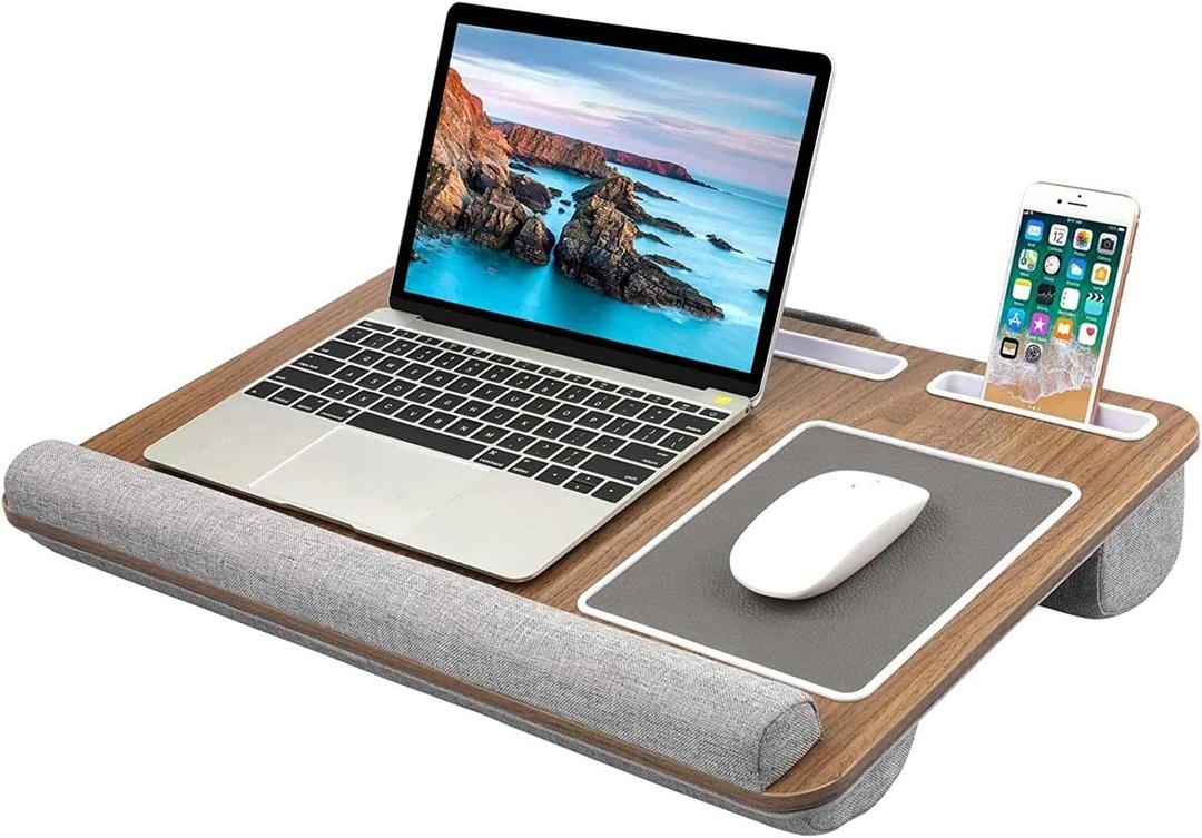 HUANUO Lap Desk - Fits up to 17 inches Laptop Desk, Built in Mouse Pad & Wrist Pad for Notebook, Laptop, Tablet, Lap Stand with Tablet, Pen & Phone Holder, Brown Woodgrain