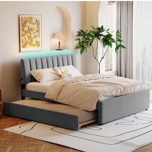 Queen Size Platform Bed with Trundle for Kids Teens Adults, Teddy Fleece Bed Frame with Upholstered Headboard for Bedroom, Gray
