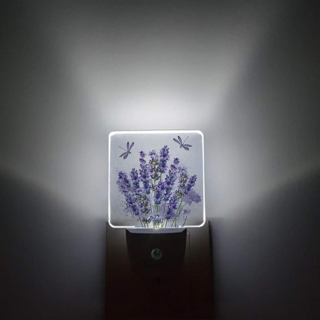 Lavender Plug-in LED Night Lights Purple Flower Plant Auto Dusk-to-Dawn Sensor,Adjustable Brightness Dragonfly Dimmable Nightlight for Bedroom Bathroom Kitchen Nursery Hallway Stairs Wall Home Decor