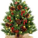 [ 8 Modes & Timer] 24 Inch Realistic Tabletop Christmas Tree Small Christmas Tree with 50 Warm Lights Battery Operated Red Berries Pine Cone Burlap Base Indoor Home Table Christmas Decorations (Spruce Green)