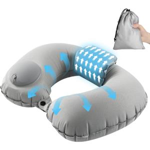 Inflatable Travel Neck Pillow, Pump Type, U-Shaped Pillow, Double Valve, Portable Pillow, Headrest,Air Pillow, Manually Pressed Inflatable, Nekpiro, Airplane, Travel Pillow, Storage Pouch Included
