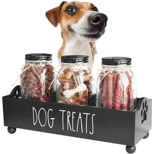 Dog Treat Container, Pet Treat Holder with Glass Jars, Farmhouse Dog Food Storage Organizer, Airtight Dog Treat Bin, Cat Dog Biscuit Dispenser, Pet Accessories (Black - 3 Glass Jars)