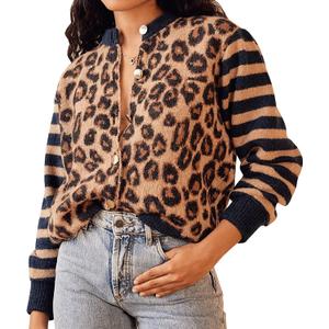 Women's Leopard Striped Cardigan Open Front Color Block Button Down Knit Sweater Fall Cropped Coat (XL) Women's Leopard Striped Cardigan Open Front Color Block Button Down Knit Sweater Fall Cropped Coat (XL)