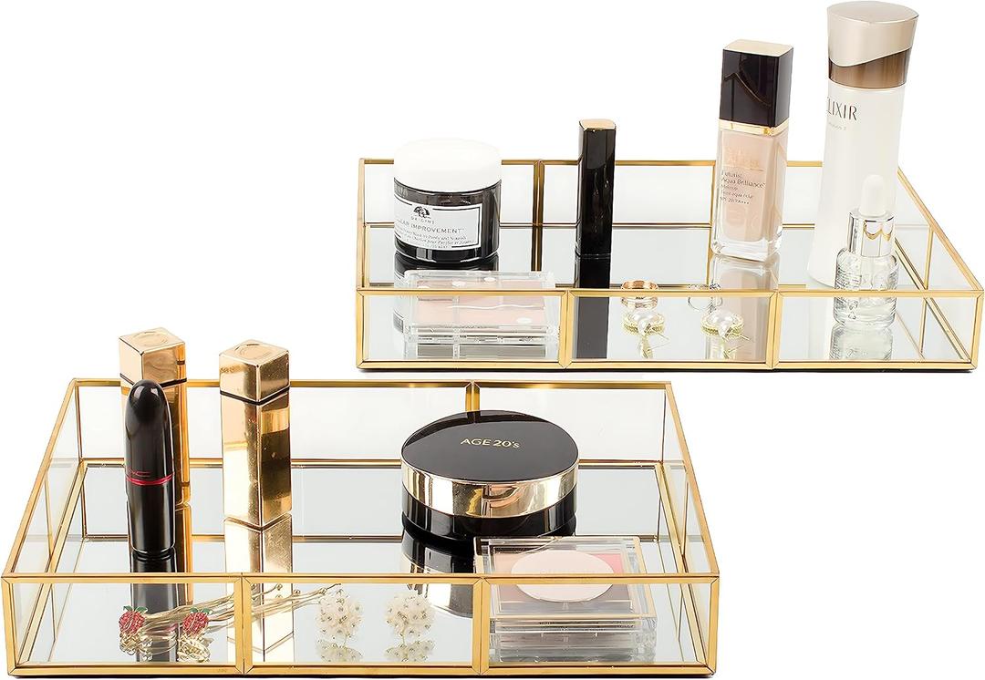 Perfume Tray Vanity Tray with Metal Frame, Gold Tray for Bathroom, Jewelry or Home Decoration 2 Pcs (L+S)