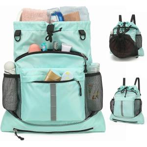 Drawstring Backpack, Waterproof Sandproof Beach Backpack for Sport Gear Small Gym Bag with Hidden Ball Net Pocket and Seperated Wet Pocket Draw String Back Bag for Women Men, Green