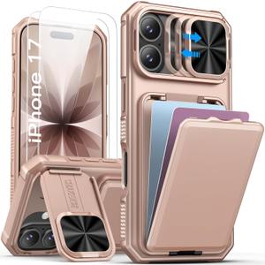 SSLOTSCASE for iPhone 17 Case HD Clarity Anti-Scratch, Card Holder & Kickstand & Slide Camera Cover, Military-Grade Heavy Duty Rugged Phone Cover for iPhone 17 6.3'', Gold