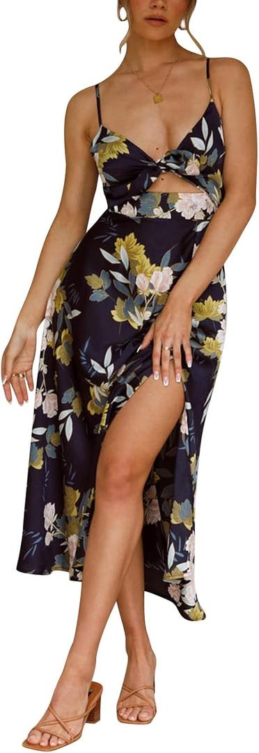 Fashionme Women Spaghetti Strap Midi Satin Dresses Tie Front Backless Slit Cutout Dress Semi-Formal/Casual Flowy Lightweight, Navy Blue, Small