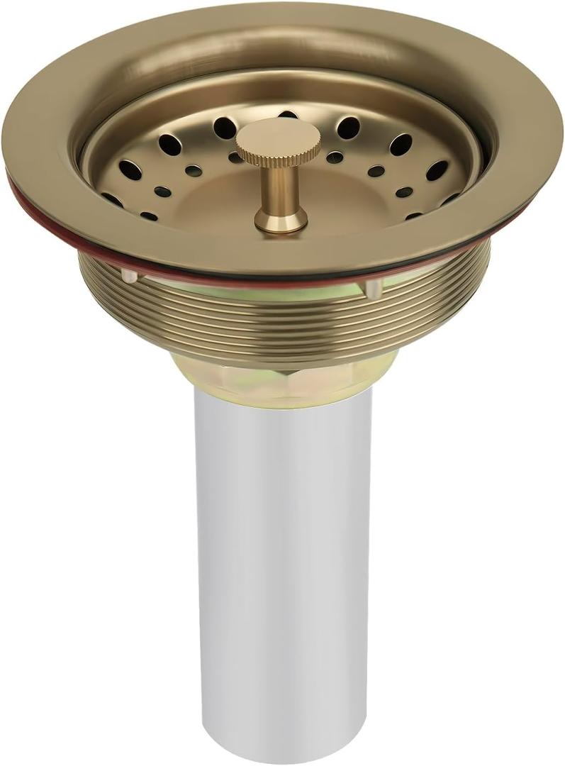 Uni-Green Champagne Bronze Kitchen Sink Drain for Standard 3-1/2 inch Drain - Fit 1-1/2 inch Pipe - Kitchen Sink Drain Strainer Stainless Steel Basket with Knob - Rubber Stopper Bottom