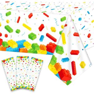 3 Pcs Building Blocks Tablecloth 105 x 54 inches - Building Blocks Theme Party Decorations Disposable Plastic Table Cover for Children Kids Birthday Party Decor Supplies Favors (White)