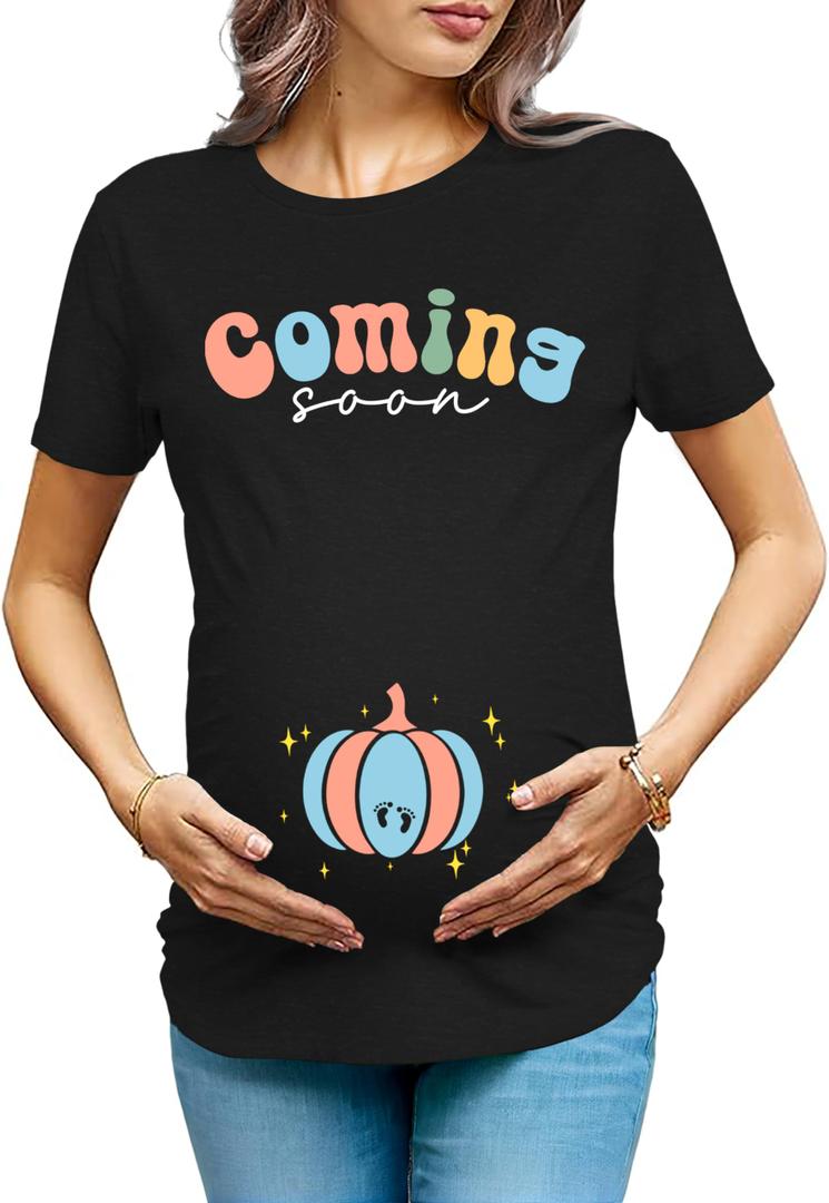 OCURHU Halloween Maternity Shirt Coming Soon Pumpkin Shirt Thanksgiving Pregnancy Baby Footprints Tees Dark Black S