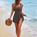 Zilcremo Swim Dress for Women Tummy Control One Piece Swimsuit Wrap Swimdress Square Neck Skirted Bathing Suit Swimwear (Brown, M)