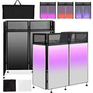 Kokorona Portable DJ Booth 43"L x 20"W x 45"H, DJ Facade Booth with Black & White Scrims, Folding DJ Booth for Party, DJ Facade Table Booth with Cable Hole, Black Metal Frame + Carry Bag
