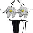 MakeMeChic Women's 3D Flower Bikini Set Sequin Glitter Halter Tie Side Bathing Suit Swimsuit (Medium, Black)