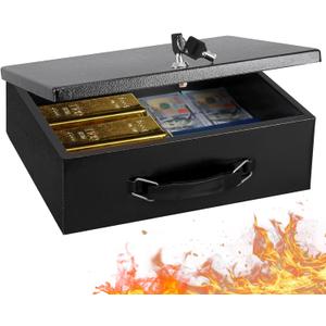 KYODOLED Fireproof Document Box with Key Lock, Large Safe Storage Box for Valuables, Fire Resistance Security Chest, Lock Box for Passport, Cash, Tablet 12.9'' x 10.7'' x 4.2'' Black