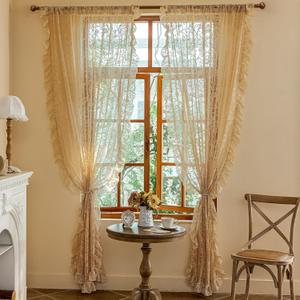 TUDECO Beige Floral Curtains 108 Inches Long - Fancy Lace Sheer Curtains for Dining Room, 60s 70s Retro Flower Ruffle Privacy Embroidered Extra Long Window Treatment Spring Summer Decor, 59 x 108 Inch