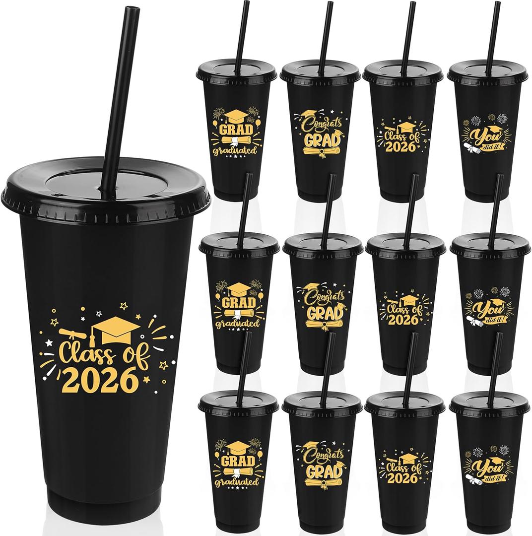Kochorie 24 Pack 24 OZ Graduation Plastic Cups with Lids and Straws Reusable Party Cups Thick Plastic Congrats Grad Tumbler Bulk for Class of 2026 Graduation Party Supplies, Black and Gold