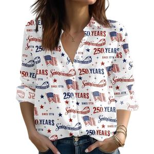 Beopjesk Women's Button Down America Flag Shirts Independence Day Patriotic 4th of July 3/4 Sleeve Collared Blouse (White, XL)