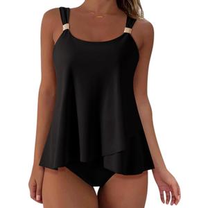 SUUKSESS Women Ruffle High Waisted Tankini Swimsuit Tummy Control Bathing Suit (Large, Black)