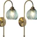 KCO Lighting Brushed Gold Wall Sconce Light Set of 2 Vintage Green Glass Wall Sconce Modern Globe Bathroom Vanity Light Fixture for Stair Corner Hallway