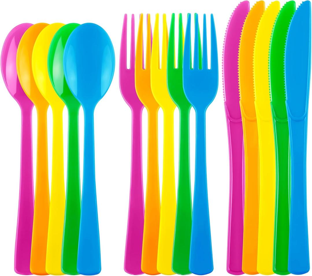 Kochorie 300 Pieces Graduation Rainbow Plastic Silverware, Disposable Colorful Utensils, Neon Plastic Silverware Cutlery Set Heavyweight Flatware Includes Spoons Forks Knifes for Birthday Party Dinner