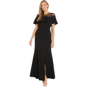 R&M Richards Women's Long Stretch Dress W/Illusion Neckline Beaded Applique & Front Slit - Evening Cocktail Party (Black, 20W)