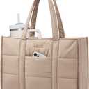 LOVEVOOK Laptop Bag for Women, Puffer Tote Bag for Work 15.6 Inch Large Computer Briefcase for Teacher Nurse, Quilted Lightweight Casual Shoulder Bag For Travel, Daily (Khaki)