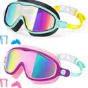 Seago Swim Goggles 2 Pack Anti-Fog Anti-UV Wide View Swimming Goggles for Kids 3-14 (Black Mirror Gold & Green Mirror Pink)