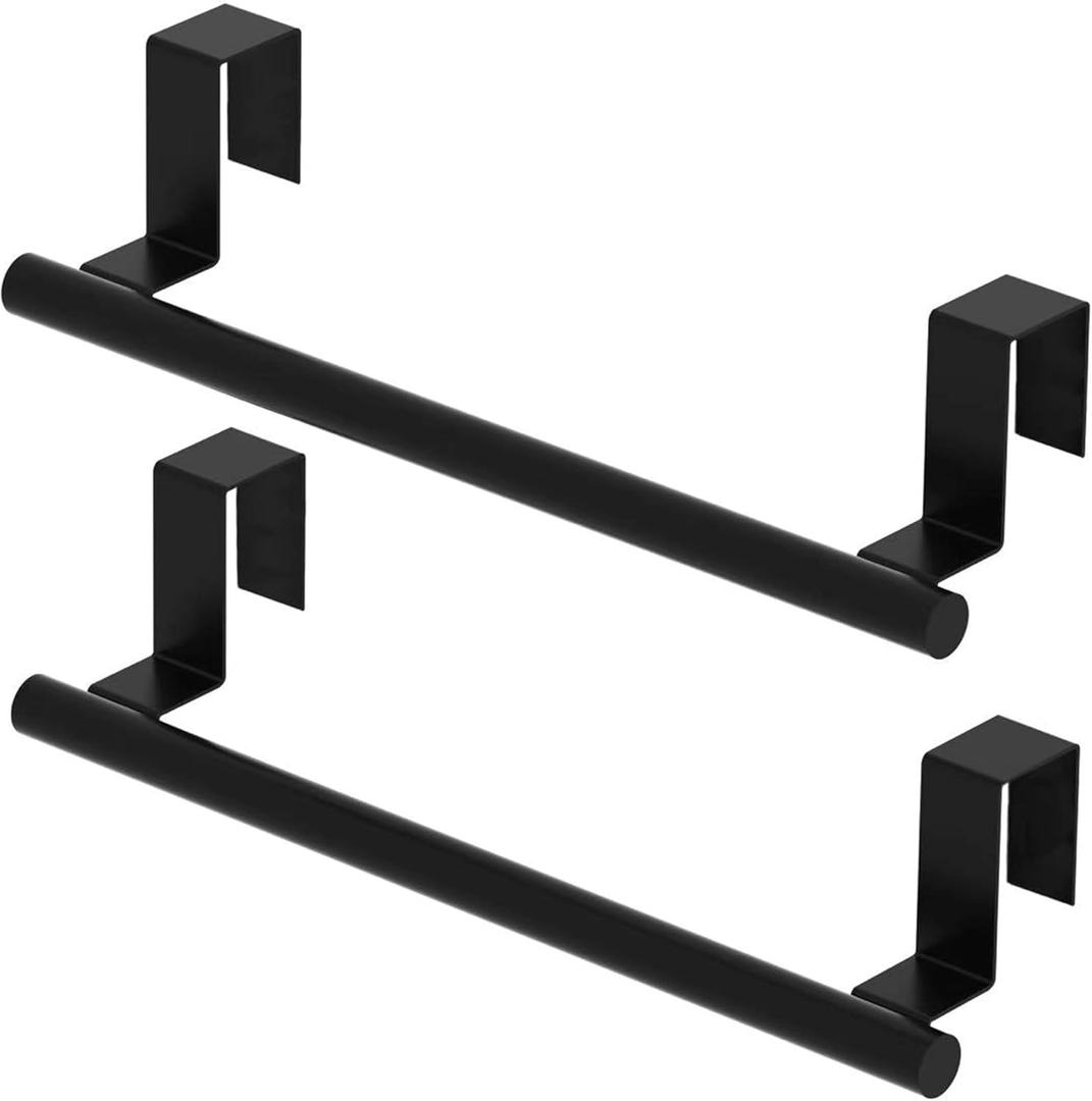 Cabinet Door Towel Holder, Over Cabinet Towel Bar, Stainless Steel Dish Towel Holder for Cabinet Door Kicthen Towel Rack, Matte Black 2 Pack