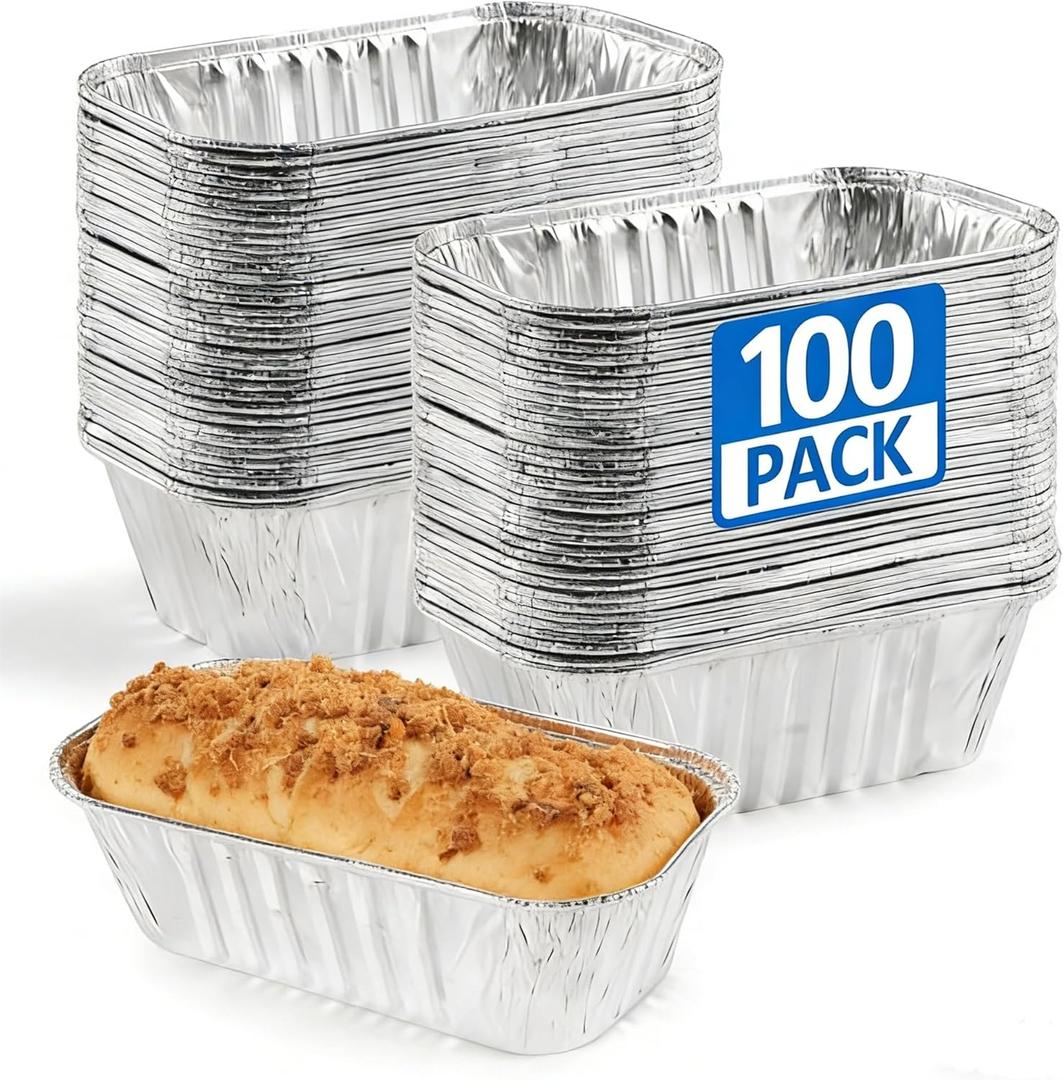 100 Pack 1 Lb Mini Loaf Pans Disposable, 6 x 3.5 x 2 Oven Safe Small Foil Loaf Pans, Aluminum Loaf Pans,Aluminum Foil Bread Tins Pans for Baking Holiday Treats Food Storage and Takeout