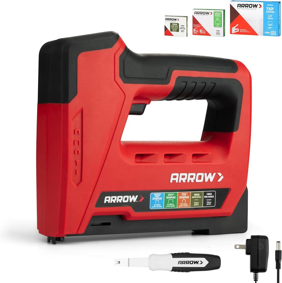 Arrow Electric Staple Gun, 5 in 1 Cordless Staple Gun for Upholstery with 3000Pcs Staples and Nails, 3.6V Rechargeable Heavy Duty Band Nailer with Staple Remover, for Wood, Home, DIY, ET501C
