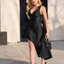 LAGSHIAN Women's Summer V Neck Sleeveless Bodycon Ruched Irregular Hem Cocktail Party Satin Flowy Maxi Dress (Blue, L)