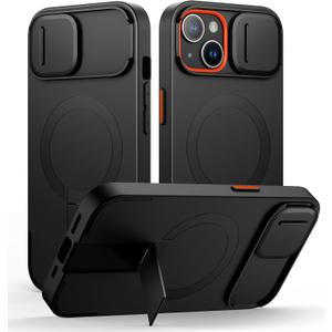 SURITCH for iPhone 15 Case with Magnetic Camera Slide Cover and Adjustable Kickstand, Compatible with MagSafe, Shockproof Bumper Case Slim Protective Cover 6.1 Inch, Black