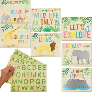 BLUE PANDA Jungle Safari Animal Party Signs with Alphabet Stickers (7 Pieces, 3 Stickers Sheets) - Letter with Jungle Theme