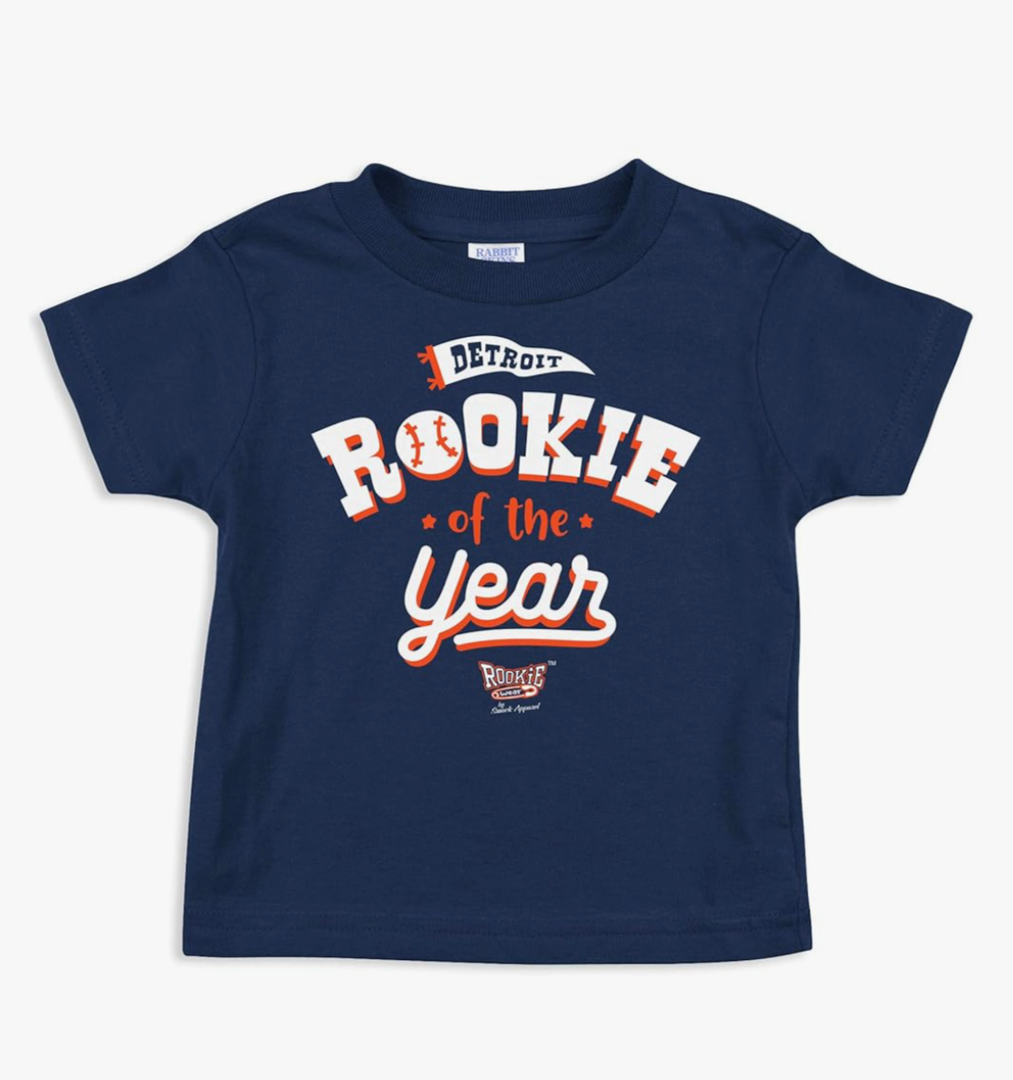 Smack Apparel Detroit Baseball Fans. Rookie of The Year Navy Onesie or Toddler Tee (NB-3-T)