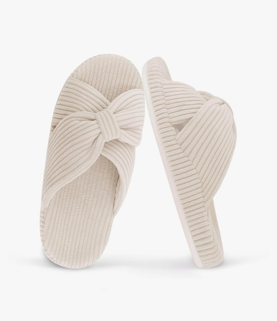 Women's Orthopedic Arch Support Open Toe House Slippers for Plantar Fasciitis Ladies Cozy Memory Foam Bedroom Gift Slippers Fluffy Corduroy Bow Crossband Slide
