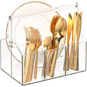 Acrylic Utensil Caddy.Silverware Organizer & Utensil Holder-Heavy-Duty Countertop Cutlery Caddy for Spoons, Forks, Knives, Napkins, Plates | Space-Saving Table, Buffet, Picnic Party Essential (Clear)