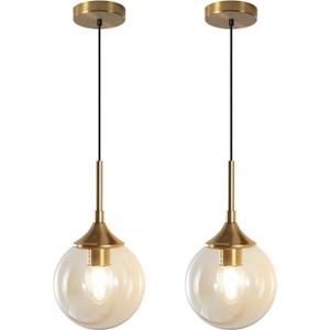 KCO Lighting Mid Century Modern Kitchen Island Pendant Lighting Gold 1-Light Amber Glass Globe Pendant Light Brushed Brass Large Living Room Pendant Light Fixture (2 Pack)