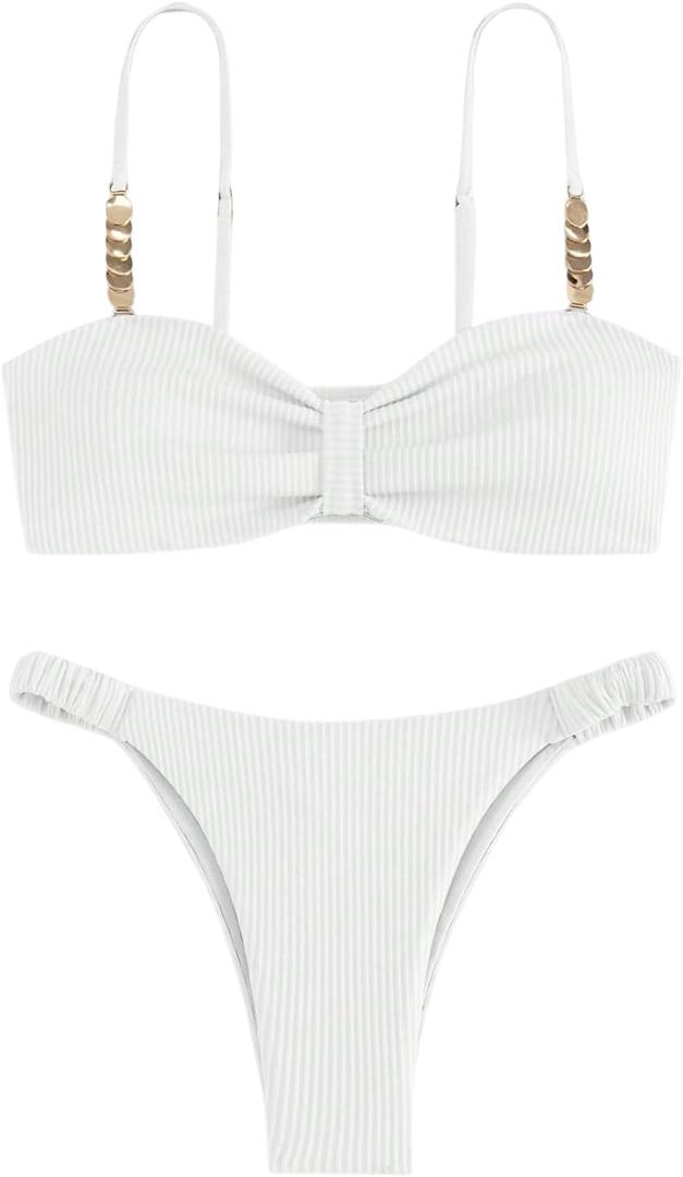 MakeMeChic Women's Bikini Sets Ruched Rib Knitted Spaghetti Strap Cheeky Swimsuit Bathing Suit (White, XL)