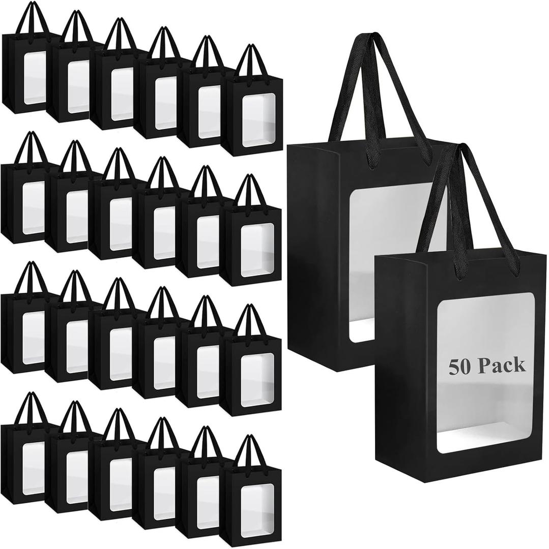 50PCS Black Gift Bags with Window Black Kraft Paper Gift Bags with Transparent Window 9.8x7x5 inch Transparent Window Bags with Handles for Christmas Birthdays Festivals Party Weddings Wrapping