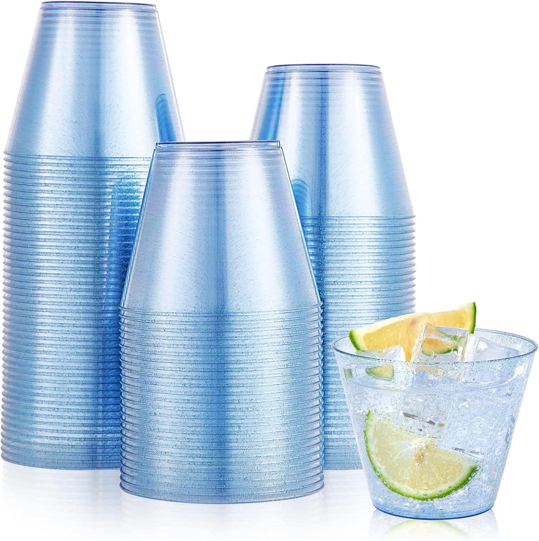 JOLLY CHEF 100 Pack 9 oz Blue Plastic Cups, Disposable Cups Tumblers, Elegant Blue Glitter Party Glasses for Wedding, Thanksgiving Day, Christmas Halloween