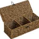 Waterproof Wicker Storage Basket with Lid, Rectangular Tank Woven Baskets with Sections, Decorative Box for Snack Toys Bathroom (Brown)
