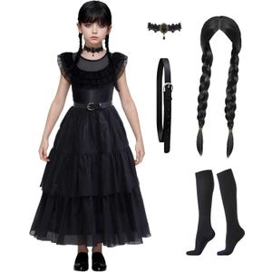 Black Family Costume Kids Halloween Costumes for Girls Cosplay Gothic Outfit Dark Vintage Prom Dress with Belt (Medium(8-10 yrs))