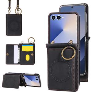 Asuwish Compatible with Samsung Galaxy Z Flip 7 5G Wallet Case and Crossbody Shoulder Strap Ring Buckle Stand Card Holder Magnetic Car Mount Phone Cover for ZFlip 7Z Z7 G Flip7 ZFlip7 Women Men Black