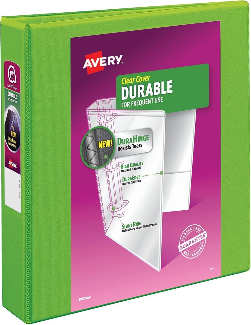 Avery Durable View 3 Ring Binder, 1-1/2 Inch Slant Rings, 1 Green Binder (17835)
