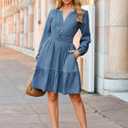 Simplee Womens Fall Denim Dress Casual Long Sleeve V Neck Empire Waist Ruffle A Line Flowy Short Jean Dresses with Pockets (Blue, S)