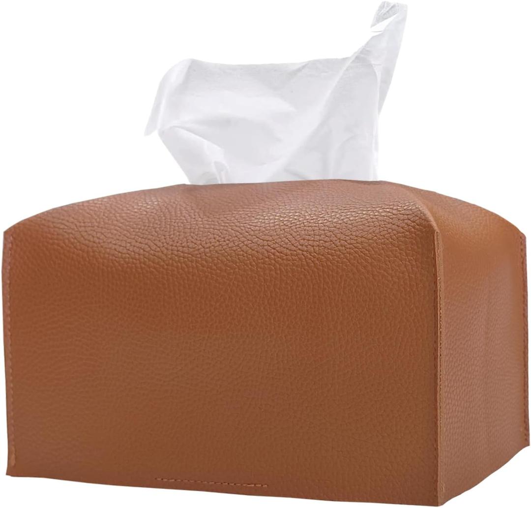 Hapforever 1PC Extra Large Rectangle Tissue Box Cover, PU Leather Rectangular Tissue Box Holder with Bottom Belt Plus Size Tissue Box Organizer for Bathroom/ Car/ Hotel/ Office (9.5’’x5’’x5’’, Brown)