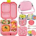Itslife Bento Lunch Box Set for Kids with 12oz Soup Thermo&Lunch Bag, Leak-Proof Lunch Food Containers for Kids School, 5 Compartment, Sauce Cup, 10 Notes (Unicorn Pink)