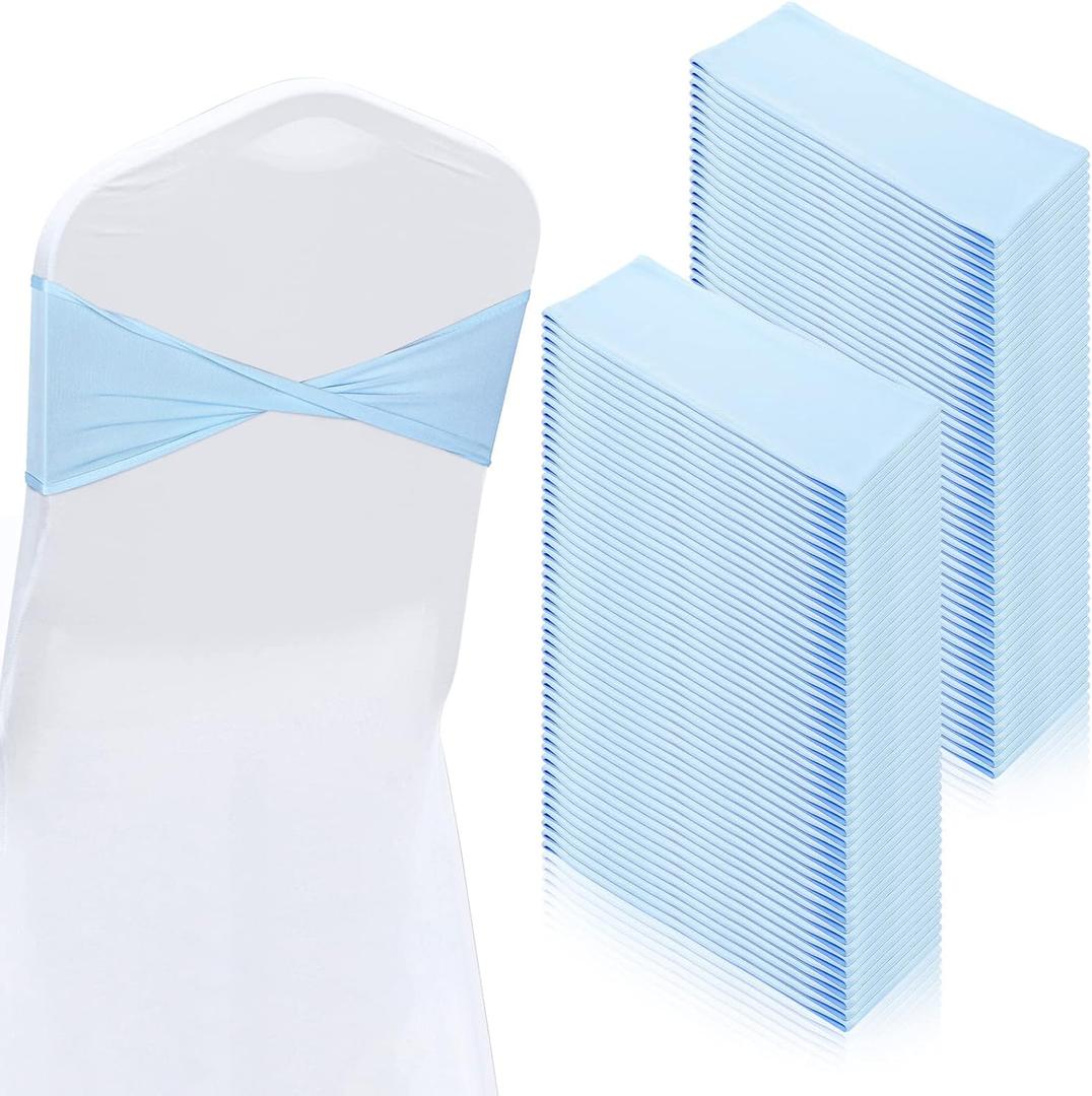 Lounsweer 100 Pcs Spandex Chair Sashes Bows Without Buckle Light Blue Stretch Chair Cover Bands Baby Shower Plain Bow Sash Elastic Bands Ties for Wedding Party Hotel Banquet Events Decoration