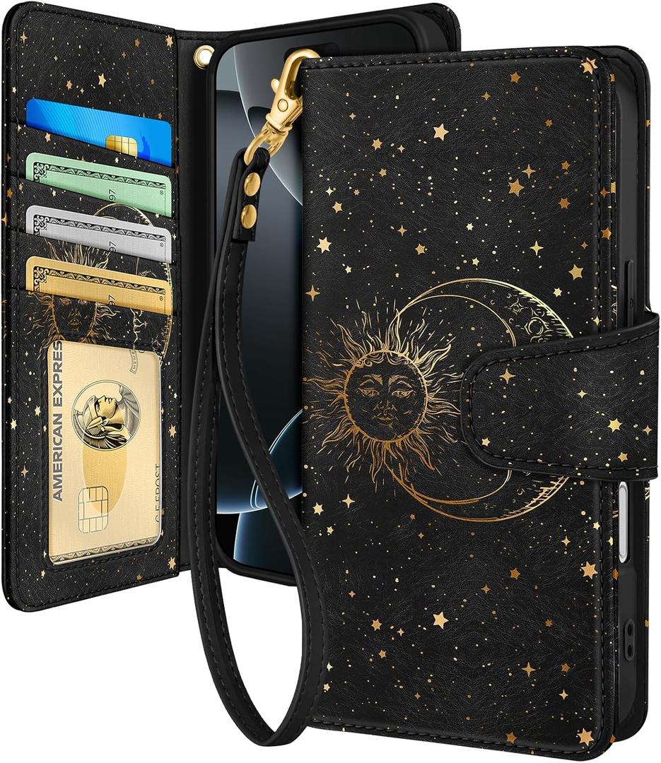 Toycamp for iPhone 16 Pro Max Wallet Case with Wrist Strap - Leather Flip Phone Case with RFID Blocking 4 Card Holder for Apple for iPhone 16 Pro Max Funda Cute Aesthetic for Women Ladies,Sun and Moon