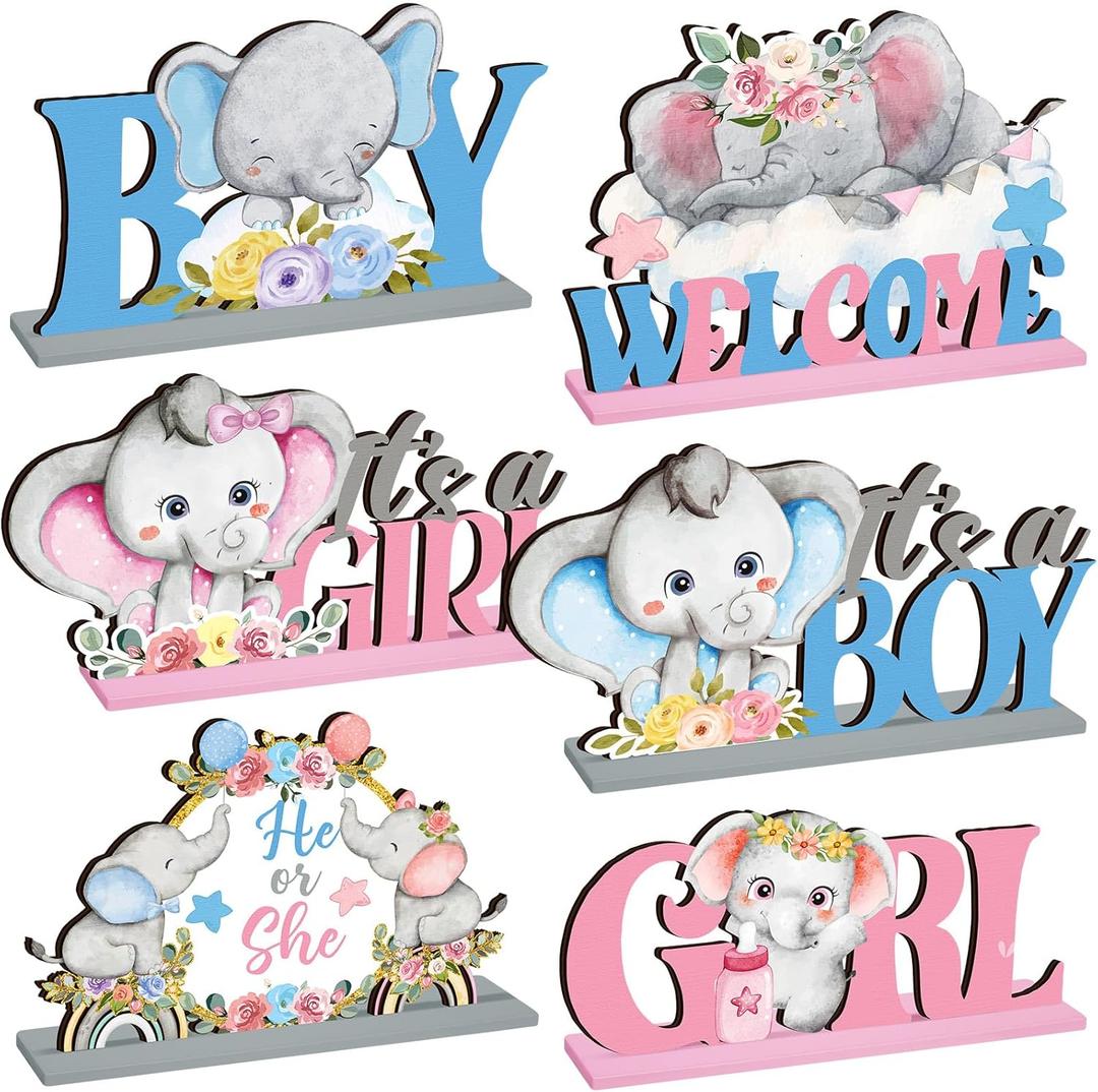 6 Pcs Elephant Gender Reveal Table Decorations He or She Baby Shower Party Centerpieces Elephant Theme Gender Reveal Blue and Pink Wooden Signs for Baby Shower Newborn Decor Party Supplies